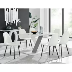 Monza 6 White/Grey Dining Table & 6 White Corona Faux Leather Dining Chairs with Black Legs Diamond Stitch - White