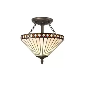 2 Light Semi Flush Ceiling E27 With 30cm Tiffany Shade, Amber, Crystal, Aged Antique Brass