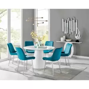 Furniture Box Palma White High Gloss Round Dining Table and 6 Blue Pesaro Silver Chairs