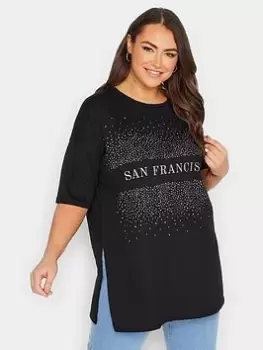 Yours Embellished Slogan T-Shirt - Black, Size 22-24, Women