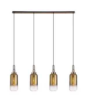 Linear 4 Light Pendant E27 With 16cm Cylinder Glass, Brass Gold, Clear Brass Gold, Matt Black