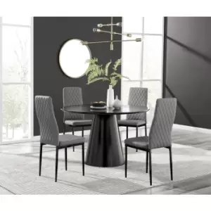 Furniturebox Palma Black Semi Gloss 120cm Round Minimalist Dining Table & 4 Grey Milan Black Leg Chairs