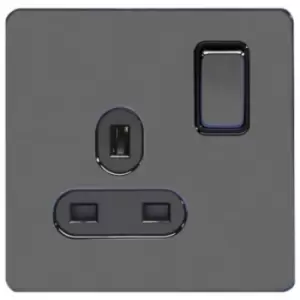 Schneider Electric Ultimate Screwless Flat Plate - Switched Single Power Socket, Single Pole, 13A, GU3410BBN, Black Nickel with Black Insert