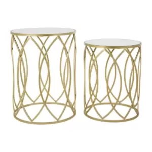 Interiors By PH Set Of 2 Round Side Tables Mirrored Tops Champagne Finish Metal Cut Out Base