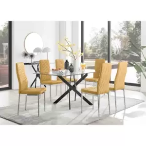 Furniture Box Leonardo Black Leg Glass Dining Table and 6 Mustard Velvet Milan Chairs