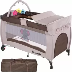 Tectake - Travel cot Elephant 132x75x104cm with changing mat, play bar & carry bag - cot bed, baby travel cot, pop up travel cot - brown