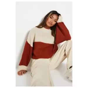 I Saw It First Colour Block High Neck Seed Stitch Jumper - Orange