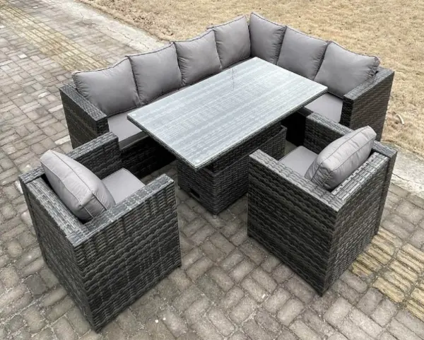 Fimous 8 Seater Outdoor Dark Grey Rattan Lounge Complete Sofa Set Right Side with Rising Adjustable Dining Table