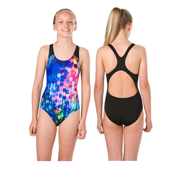 Speedo PopFlash Splashback Swimsuit Junior Black/Surf/Rose 24"