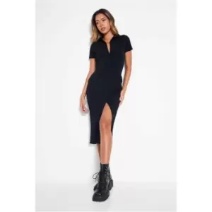 I Saw It First Black Rib Short Sleeve Collar Button Down Midi Dress - Black