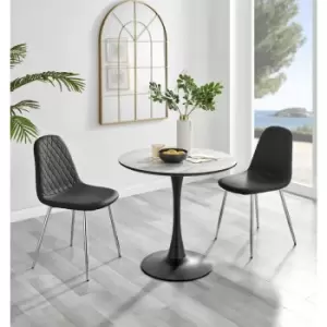 Furniturebox UK - Furniturebox Elina White Marble Effect Modern 80cm Round Dining Table & 2 Black Corona Faux Leather Dining Chairs with Silver Legs