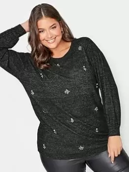 Yours Yours Soft Touch Diamante & Pearl Jumper, Grey, Size 20, Women