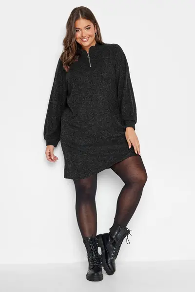 Yours Soft Touch Zip Neck Jumper Dress Charcoal