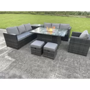 Fimous 7 Seater Outdoor Dark Grey Rattan Lounge Complete Sofa Set with Gas Fire Pit Dining Table, Gas Heater and 2 Stools