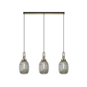 Yorktown Linear 3 Light Ceiling Pendant E27 With 20cm Almond Ribbed Glass, Smoked Brass Gold, Matt Black