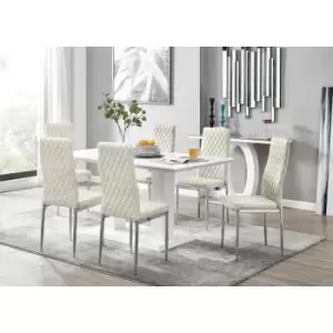 Furniturebox UK - Furniturebox Imperia 6 High Gloss White Modern Dining Table and 6 Cream Milan Faux Leather Dining Chairs With Silver Legs Diamond