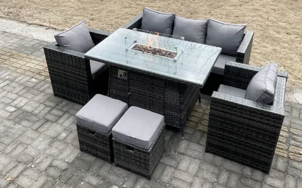 Fimous 5 Seater Outdoor Dark Grey Rattan Lounge Complete Sofa Set with Gas Fire Pit Table, Heater and 2 Stools