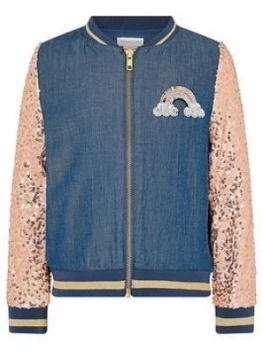 Monsoon Girls Sequin Unicorn Denim Bomber Jacket - Blue, Size 5-6 Years, Women