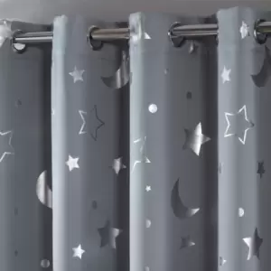 Dreamscene Star Blackout Curtains Pair Eyelet Ready Made Silver - 46" X 54"