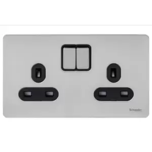 Schneider Electric Ultimate Screwless Flat Plate - Switched Double Power Socket, Double Pole, 13A, GU3420DBSS, Stainless Steel with Black Insert