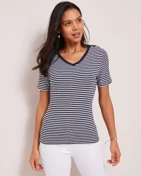 Cotton Traders Womens Wrinkle Free Short Sleeve Stripe V-Neck Top in Blue