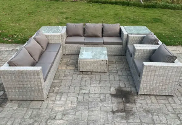 Fimous 4 Seater Outdoor Light Grey PE Rattan Lounge Sofa Complete Set with Square Coffee Table