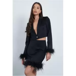 I Saw It First Black Faux Feather Trim Cropped Blazer With Shoulder Pads - Black