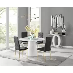 Furniturebox Palma White High Gloss 4 Seat Minimalist Post Modern Round Dining Table & 4 Black Milan Gold Leg Faux Leather Chairs