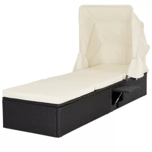 Poly Rattan Sun Lounger Black/Cream 195x60x39cm with Canopy