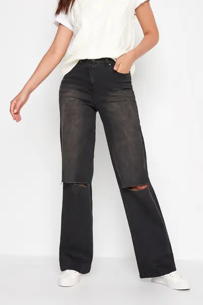 Long Tall Sally Tall Wide Leg Distressed Jeans Black