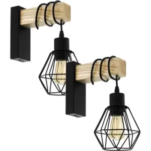 2 PACK LED Wall Light / Sconce Black Plate & Wood Hangman Cage 1x 10W E27