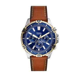 Fossil Mens Two Tone Blue Dial Brown Leather Strap Watch