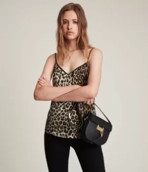 AllSaints Womens Tammy Leppo Top, Leopard Yellow, Size: 14