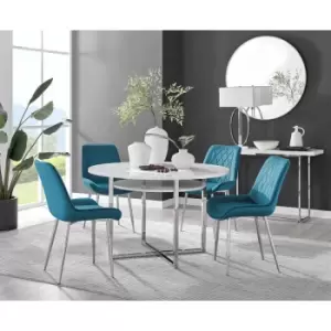 Furniturebox Adley White High Gloss 120cm Storage Dining Table & 4 Blue Pesaro Silver Leg Velvet Chairs