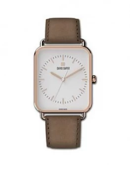 David Daper David Daper White And Rose Gold 38Mm Tank Dial Brown Leather Strap Watch