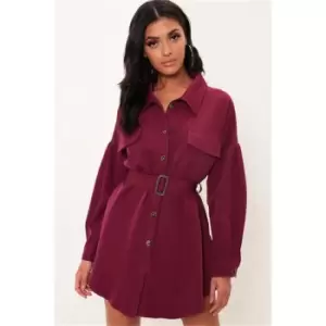 I Saw It First Burgundy Drop Shoulder Belted Oversized Shirt Dress - Red