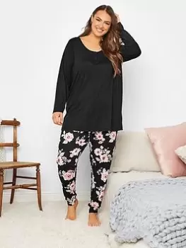 Yours Winter Floral Placket Pj Set, Black, Size 18-20, Women