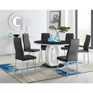 Furniturebox UK - Furniturebox Giovani Black 120cm Round Dining Table and 6 Black Velvet Milan Dining Chairs With Silver Legs