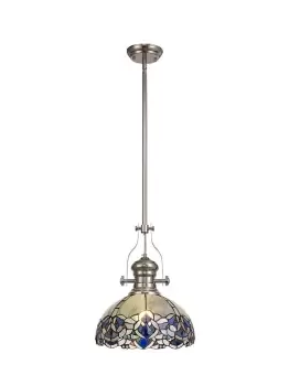 1 Light Telescopic Ceiling Pendant E27 With 30cm Tiffany Shade, Polished Nickel, Blue, Clear Crystal