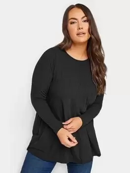 Yours Long Sleeve Rib Swing Top. Black, Size 30-32, Women