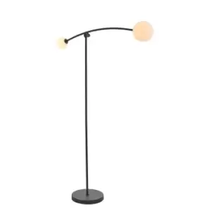 Matt Black Standing Twin Floor Lamp Light - Gloss Opal Glass Shades - Adjustable