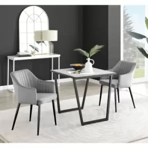 Furniturebox Carson White Marble Effect Square Dining Table & 2 Grey Calla Black Leg Velvet Chairs