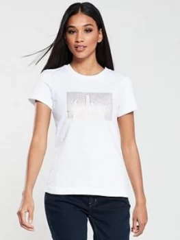 Calvin Klein Jeans Distressed Monogram Short Sleeve T-Shirt - Multi, White/Gold Size M Women