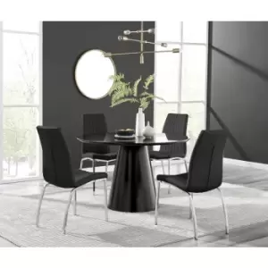 Furniturebox Palma Black Semi Gloss 120cm Round Minimalist Dining Table & 4 Black Isco Chairs