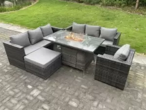 Fimous 7 Seater Outdoor Dark Grey Rattan Lounge Complete Sofa Set with Gas Fire Pit Table, Gas Heater, and Big Footstool