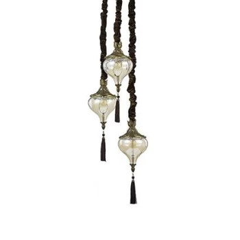 Harem 3 Light Ceiling Pendant Antique Brass, Amber, Glass, E27