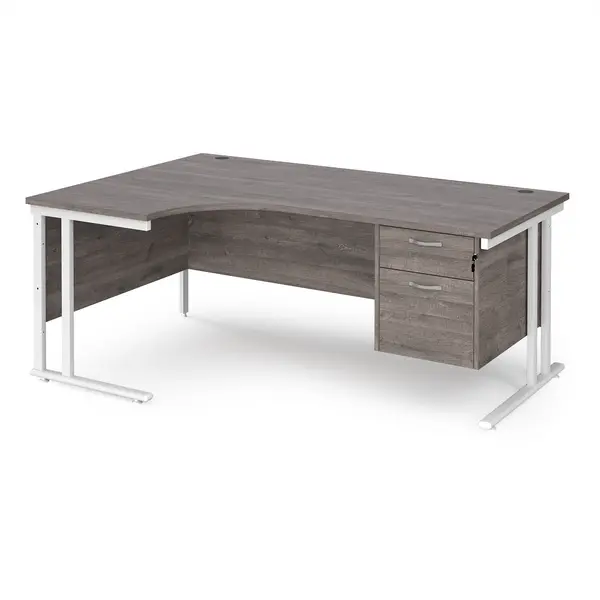 Maestro 25 left hand ergonomic desk 1800mm wide with 2 drawer pedestal - white cantilever leg frame, grey oak top