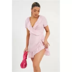 I Saw It First Pink Gingham Frill Detail Plunge Neck Wrap Skater Dress - Pink