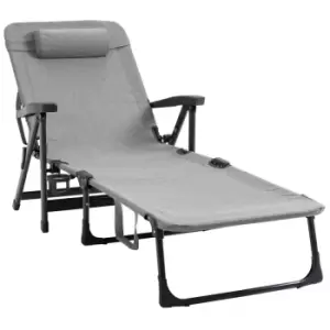 Outsunny Folding Sun Lounger w/ 7-Reclining Position Sleeping Bed with Pillow - Light Grey