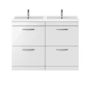 Nuie Athena 1200 Floor Standing 4-drawer Vanity & Polymarble Double Basin - Gloss White